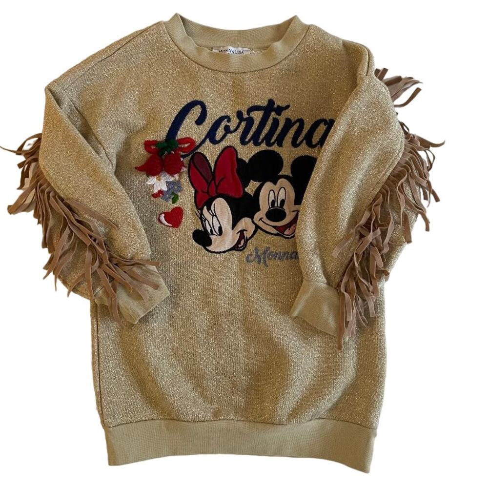 MONNALISA Girls Gold Glitter Minnie Mouse Cortina Sweatshirt Dress Fringe Size 2